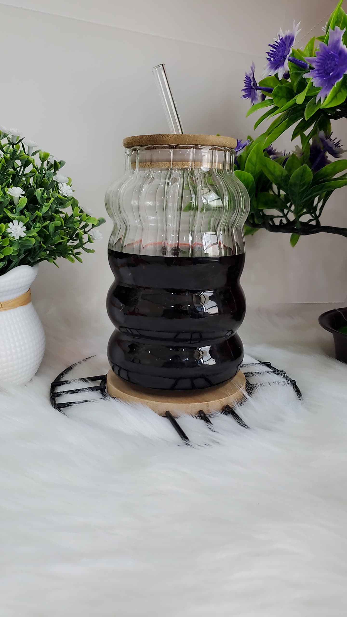 كوب زجاج مقلم غطاء خشبي مع المصاصة ZA-8695