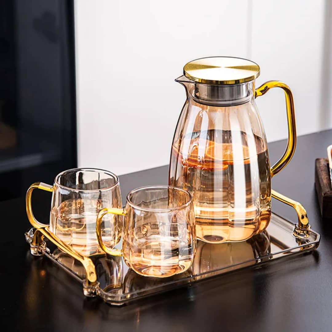 طقم جاك بغطاء ذهبي مع 6 اقلاص زجاج بيد iik-73 glass