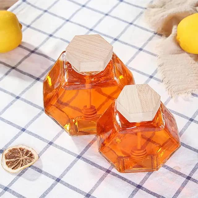علبة عسل زجاج خلية غطاء وملعقة خشب