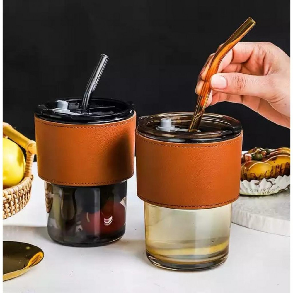 كوب زجاج فاخر مع مصاصة 400 مل ملبس جلد AZ-3227